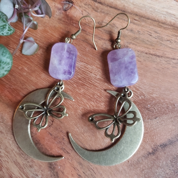 Amethyst Crystal + Rustic Crescent Moon + Butterfly Handmade Healing Earrings - Picture 2 of 5